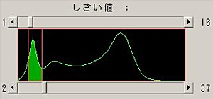 （1）進化したしきい値の設定を使い、黒い部分だけを測定するよう指定する。